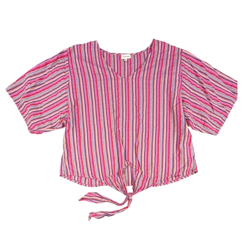 Dizzy Gal Womens 2X Pink Striped V-Neck Tie Front Cotton Metallic Blouse Top